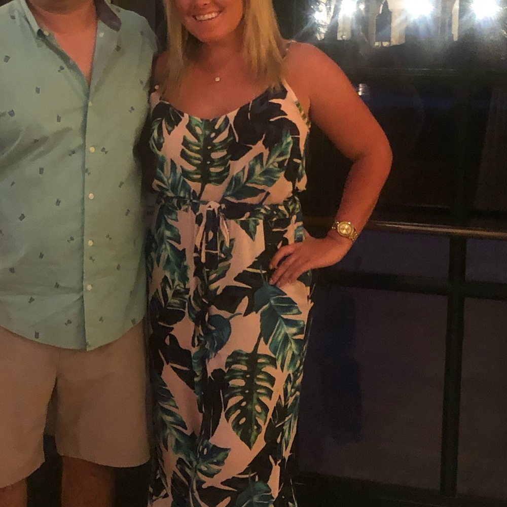 LUSH pink and green palm jumpsuit